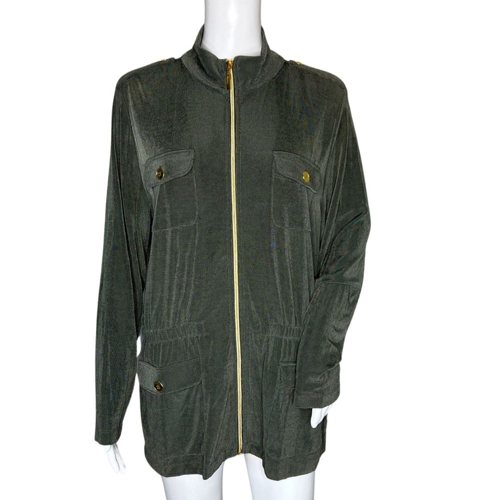 Chicos Jacket Womens Large Green Travelers Slinky Full Zip Gold Tone Trim Casual